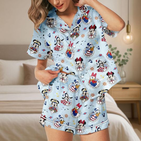 Discover Disney Nautical Satin Pajamas Short Set, Mickey Donald Blue Pajama, Disney Cruise Mickey and Friends Pjs Gift, Womens Summer Sleepwear