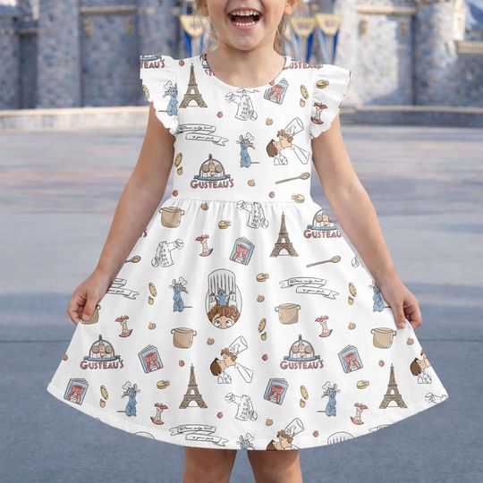 Discover Ratatouille Little Chef Remy Ruffle Dress, Linguini Colette Tatou Remy Rat Paris France Gusteau, Disney Girl Trip Flutter Sleeve Dress