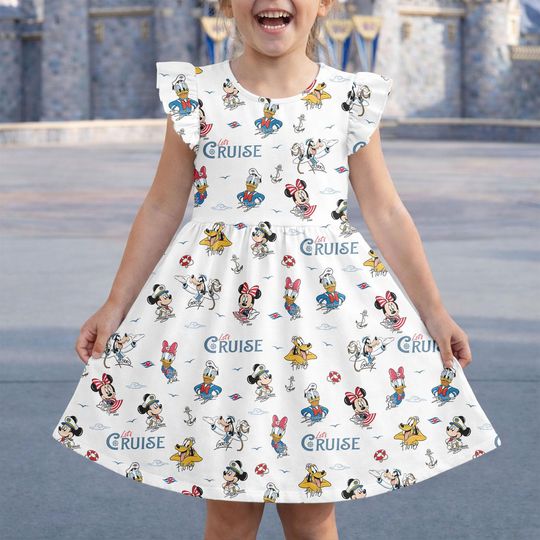 Discover Disney Mickey and Friends Let's Cruise Line Ruffle Dress, Cruise Vacation 2026 Flutter Sleeve Dress, Disney Magic Wonder Fantasy Wish