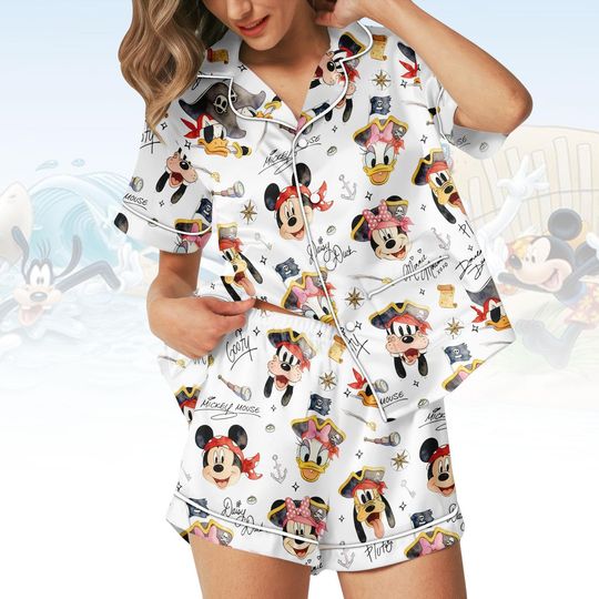 Discover Pirate Cartoon Short Satin PJs Set, Cartoon Satin Pajamas, Mickey Short Pajama Set, Goofy Satin Pyjama, Gift for Disney Fan