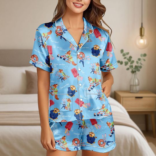 Discover Zootopia Short Satin Pajamas, Disney Pajamas Set, Cartoon Sleepwear, Zootopia Satin Pajamas, Christmas Gift
