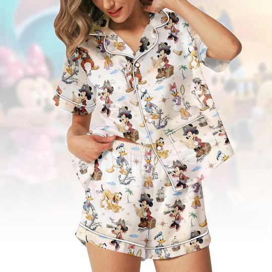 Discover Disney Themed Short Satin PJs Set, Cartoon Satin Pajamas, Mickey Mouse Short Pajama Set, Minnie Pyjama, Gift for Disney Fan