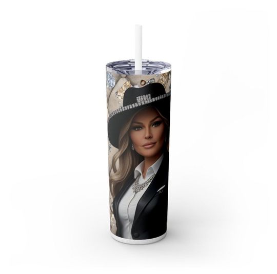 Discover Elegant 20oz Skinny Tumbler with Lid and Straw - Melania Trump Drinkware, Fafo Design, Reusable Coffee Cup, Gift for Her