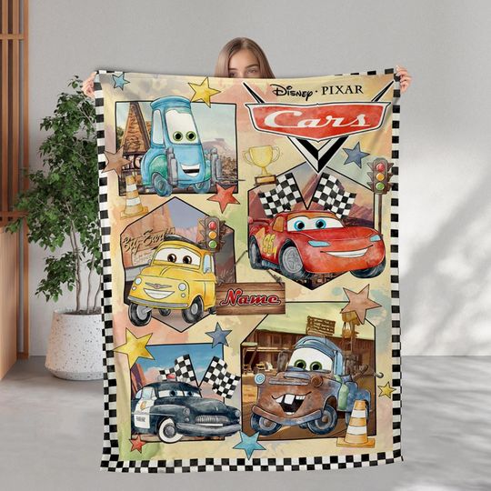 Discover Custom Name Cars Lightning McQueen Fleece Blanket, Cars Characters Throw Blanket, Cars Movie Blanket, Cartoon Cars Blanket, Birthday Gift