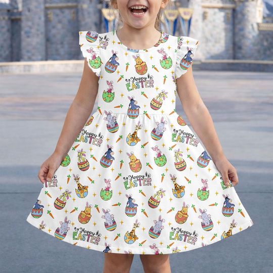 Pooh Easter Egg Ruffle Dress, Piglet Eeyore Tigger And The Pooh Flutter Sleeve Dress, Winnie The Pooh Easter Day, Disney Easter Gift