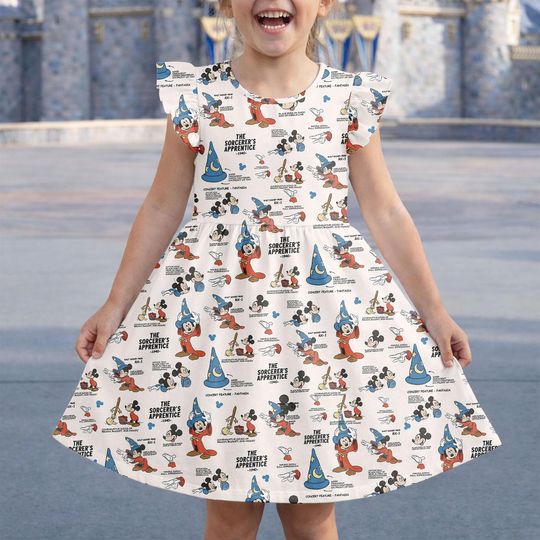 Discover Disney The Sorcerers Apprentice Fantasia Mickey Sketch Ruffle Dress, Fantasmic Mickey Sorcerer Flutter Sleeve Dress, Disneyland Trip
