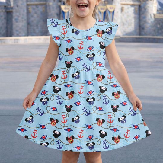 Discover Disney Cruise Dress, Mickey Mouse Minnie Outfits, Mickey Cruise Costume, Cartoon Summer Beach Dress, Disneyland Flutter Sleeve Dress