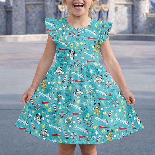 Discover Disney Cruise Dress, Mickey and Friends Cruise Outfit, Disney Beach Costume, Disney Summer Wear,Family Cruise Trip Flutter Sleeve Dress