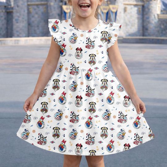 Discover Disney Cruise Line Dress, Nautical Sailor Print Outfit, Mickey Mouse Castaway Cay Costume, Wish Treasure Wear, Flutter Sleeve Dress