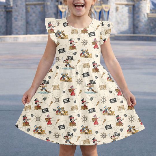 Discover Retro Pirate Mickey And Friends Dress, Disney Cruise Outfits, Mickey Cruise Costume, Mickey Pirate Flutter Sleeve Dress, Disney Wear