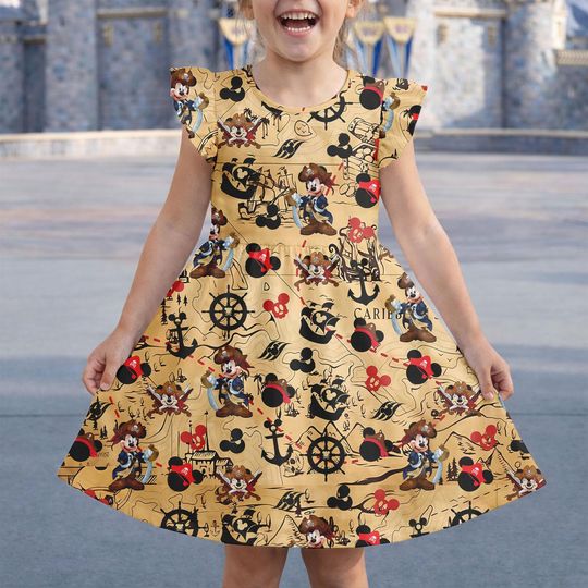Discover Disney Cruise Pirates Dress, Disney Caribbean Vacation Outfit, Pirates Of Caribbean Costume, Mickey Friends Pirate Flutter Sleeve Dress