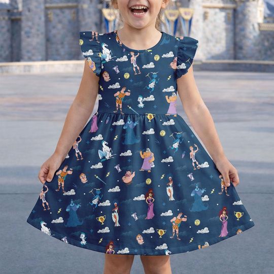 Discover Disney Hercules Characters Dress, Greek Mythology Casual Outfits, Hades Megara Pegasus Pain Panic Wear, Disneyland Flutter Sleeve Dress