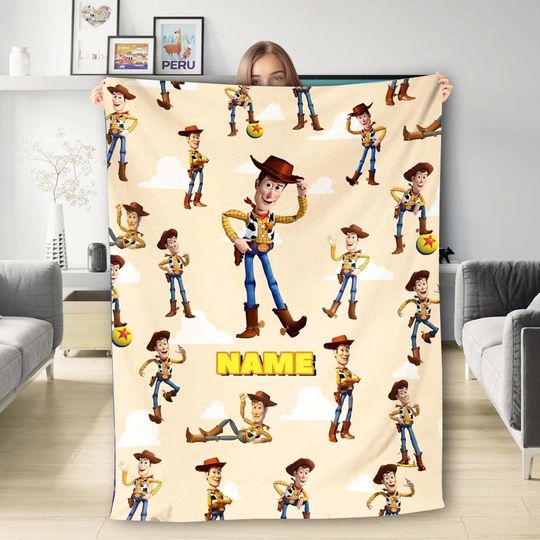 Discover Personalized Toy Movie Character Fleece Blanket, Custom Name Cartoon Cowboy Blanket, Birthday Gift For Kids, Customized Cowboy Blanket