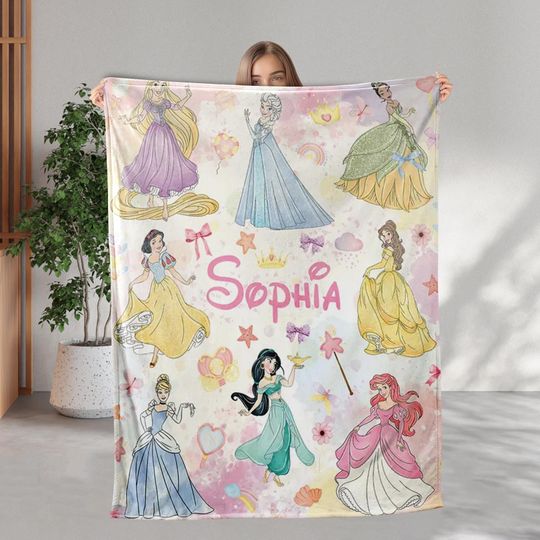 Discover Personalized Watercolor Disney Princess Blanket, Custom Name Baby Girl Blanket, Disneyland Princess Blanket, Birthday Girl Blanket Gifts