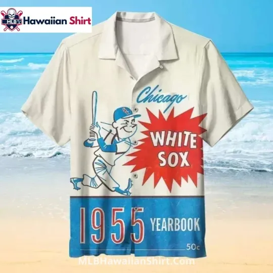 Discover 1955 Yearbook Chicago Baseball Cartoon Baseball White Team Soxx Aloha Shirt