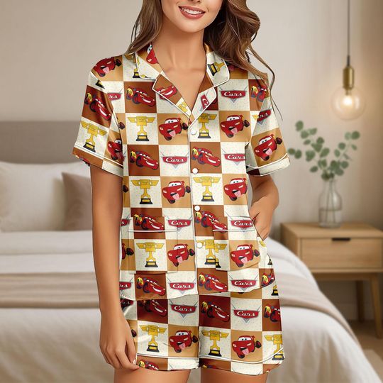 Lightning McQueen Cars Short Pajamas, Disney Pixar Cars Silk Sleepwear, Loungewear, Disneyland Toddler Outfit