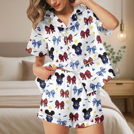 Discover Mickey Captain Bows Pajama Set, Nautical Bow Sleepwear, Disney Cruise Sleepwear, Mickey Cruise Pjs, Disney Cruise Trip Lounge Set