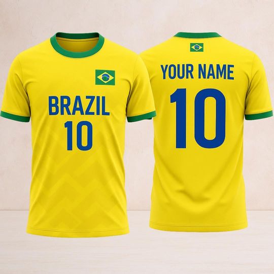 Discover Brazil Football Jersey Custom Name & Number | Yellow Soccer Shirt with Flag