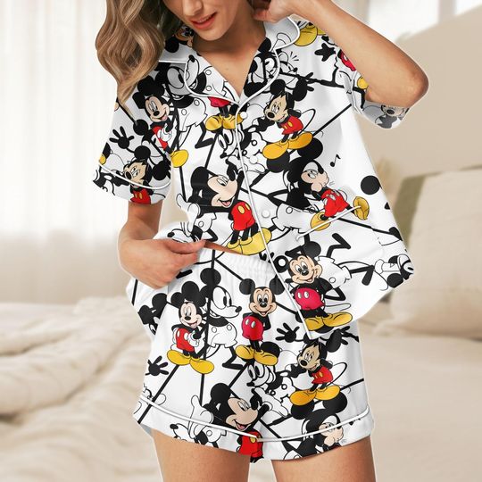 Discover Mickey Mouse Short Pajamas, Disney Character Sleepwear Set for Women, Silky Summer Lounge Outfit, Pajama Shorts, Disney Fan Gifts