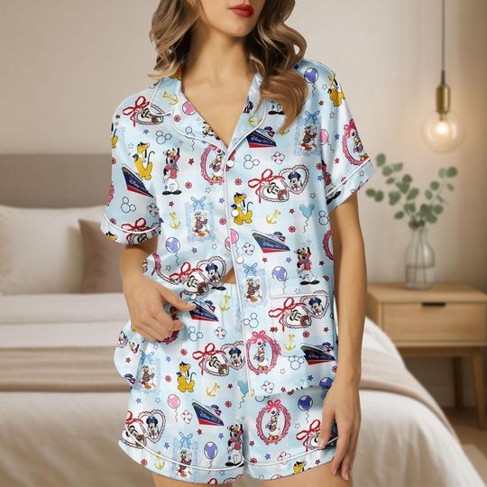 Discover Disney Cruise Pajamas Set Mickey Minnie Donald Cruise Line Print Short PJ, Family Matching Cruise Trip Outfit
