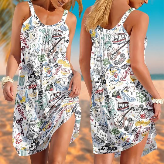 Discover Retro Mickey Friend Donald Minnie Sketch Sling Summer Dress, Disneyland Women Dress, Disneyworld Casual Dress, Disney Movie Beach Dress