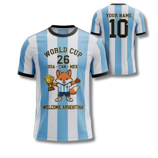Discover Argentina WC 2026 Soccer Fan Shirt, Personalized Name Number Jersey Tee, Sky Blue White
