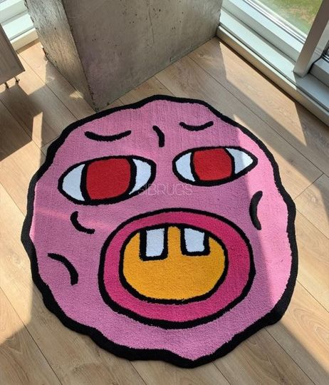 Discover Pink Cartoon Face Rug, Funky Modern Abstract Carpet, Room Decor
