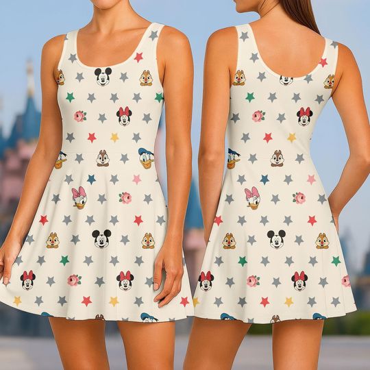 Discover Disney Character Skater Dress, Mickey Minnie Donald Chip n Dale Print Tank Swing Dress, Cute Park Vacation Outfit Women And Kids