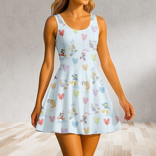 Discover Mickey And Friends Skater Dress, Classic Disney Squad Dress Women, Mickey Mouse And Crew Casual Dress, Magical Disney Trip Gift