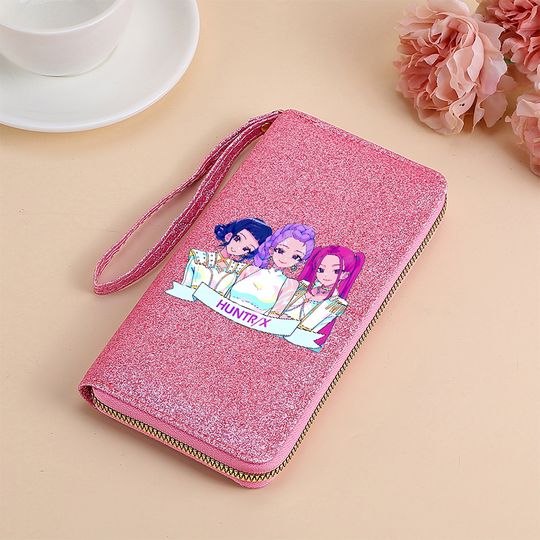 Discover Kpop Demon Hunters Wallet Women Anime Long Square Wallets with Wrist Strap Card Holder Accessories Clutch Bag Zipper Purse Gift