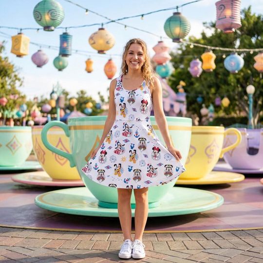 Cruise White Mickey Mouse And Friends Skater Dress, Disney Mouse Women Dress, Cartoon Summer Dress, Mickey Dress For Her, Magic Kingdom Gift