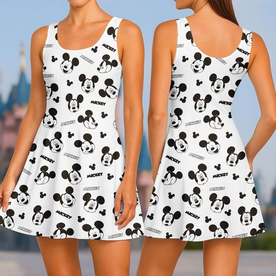 Mickey Mouse Skater Dress, Disney Minnie Mouse All-Over Print Tank Swing Dress, Classic Mickey Minnie Summer Dress, Park Vacation Outfi