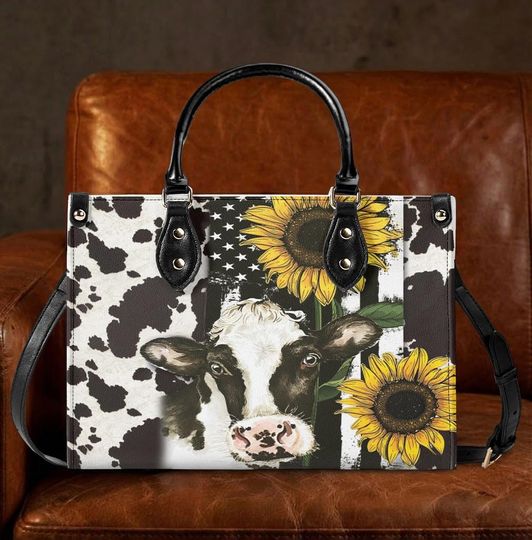 Discover Personalized Cow Leather Handbag, Sunflower Cow Handbag, Animal Bag, Crossbody Bag, Gifts for Women