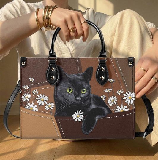 Discover Personalized Black Cat Leather Handbag, Cat Handbag, Animal Bag, Cat Flower Crossbody Bag, Gifts for Women
