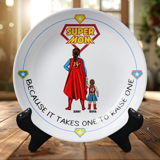 Personalized Gift For Mom Ceramic Round Plate Mother's Day Super Mom