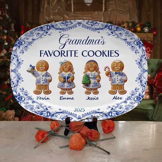 Grandma's Cookies - Personalized Christmas Gifts - Toile De Jouy Blue Floral Plate