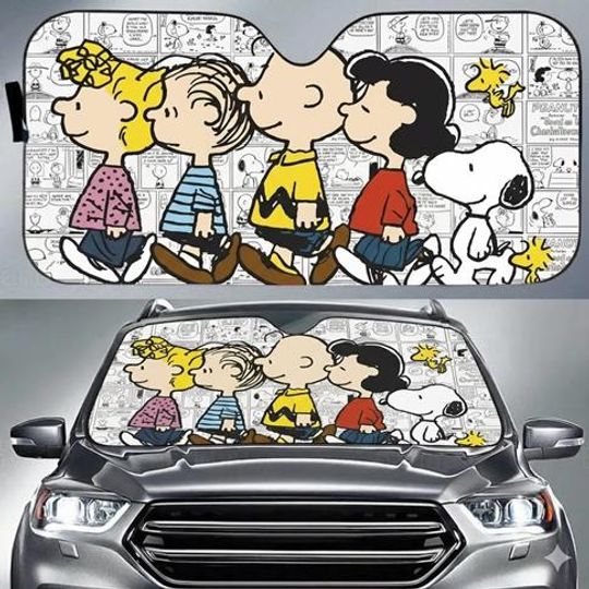 Discover Snoopy And Friends Windshield Sun Shade, Cute Snoopy Car Sun Shade, Cartoon Car Window Cover, Peanuts Snoopy Auto Accessory