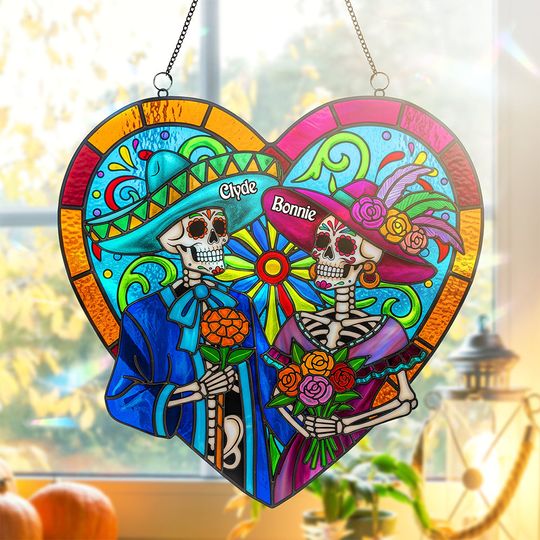 Colorful Skull Couple Suncatcher - Personalized Gifts For Couple