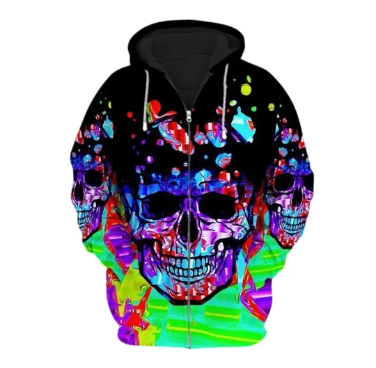 Discover Colorful Skull 3D Zip Hoodie for Men and Women