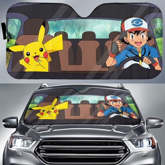 Discover PKM Satoshi Pika Car Sunshade, PKM Car Decor, Pika Ash Ketchum Car Sun Protector, Gift For Anime Fans, PKM Auto Sunshade