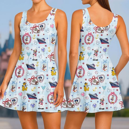Discover Disney Cruise Skater Dress, Mickey Minnie Donald Cruise Line Print Tank Swing Dress, Nautical Blue Vacation Park Outfit For Kids And Wo