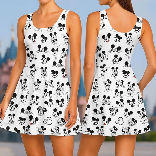 Discover Disney Mickey And Minnie Faces Skater Dress, Disney Classic Mickey Pattern A-line Dress, Disneyland Family Vacation Sundress For Women