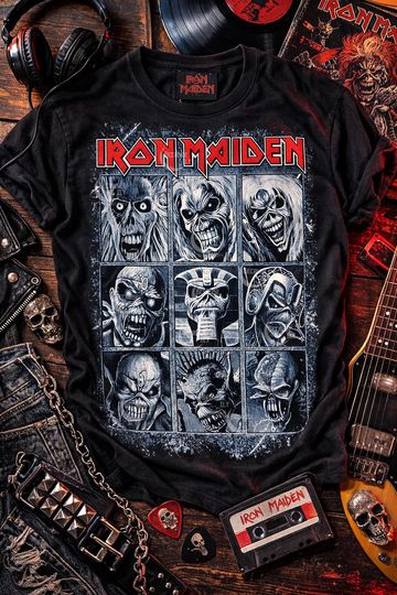 Discover Iron Maiden Monster Grid T-Shirt - 80s Heavy Metal Horror Tee