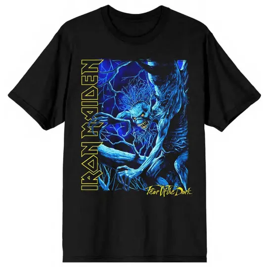 Discover Men's Iron Maiden Fear of the Dark Blue Tone Eddie Vertical Logo T-Shirt