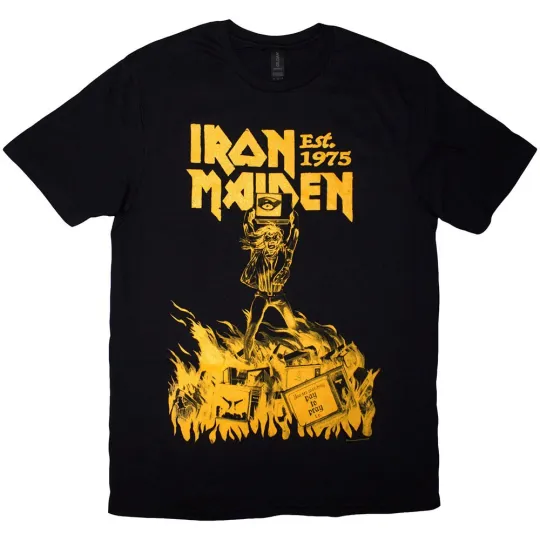 Discover Men's Iron Maiden Est. 1975 Holy Smoke Jumbo Yellow T-shirt