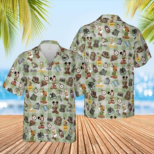 Discover Safari Mickey Mouse Minnie Hawaiian Shirt, Disney Animal Kingdom Button Up, Green Jungle Adventure Shirt, Disney Safari Trip Hawaii Shirt