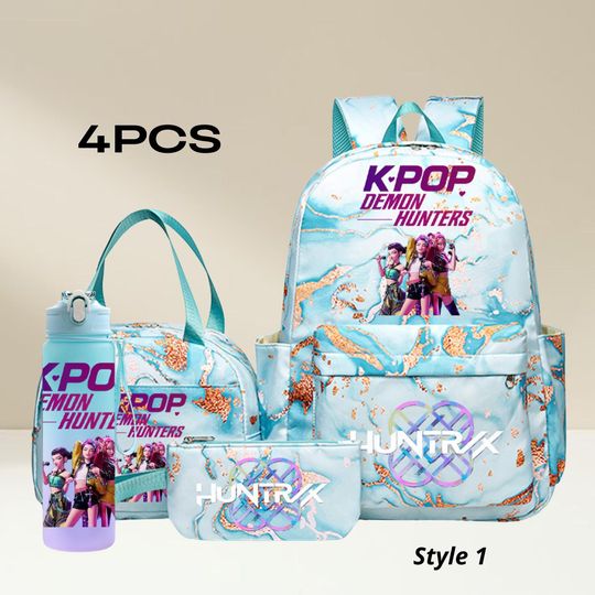 Discover Kpop Demon Hunter 4-Piece Backpack Set, Cartoon Graphic School Bag with Lunch Tote