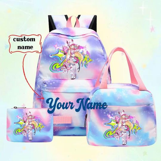 Discover Personalized Gamer Girl Backpack Set, Custom Name Kawaii School Bag, Pastel Ombre Anime Backpack 3pc, Gaming Gift for Girls, Back to School