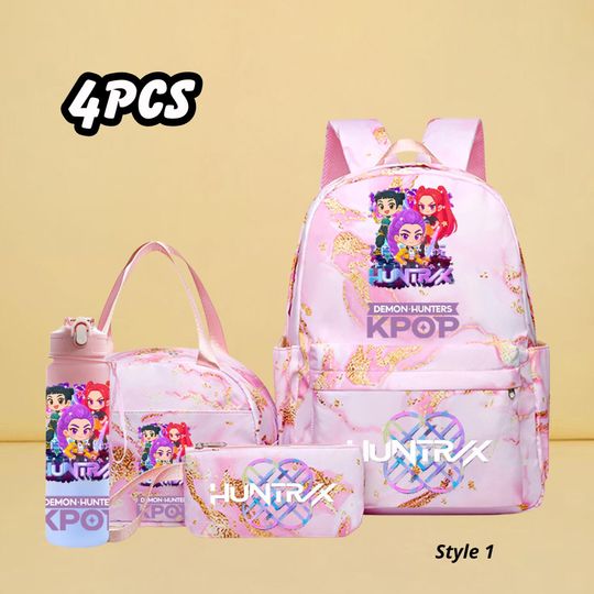 Discover Kpop Demon Hunter Backpack 4PCS Set, Pastel Anime Bookbag Rucksack for Girls, Cute Kawaii School Bag with Lunch Bag Bottle Case