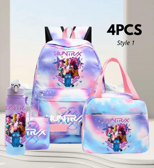 Discover Kpop Demon Hunter 4PCS Backpack Set, Pastel Anime School Bag for Girls Kids, Cute Kawaii Bookbag with Lunch Bag Bottle Pencil Case Gift